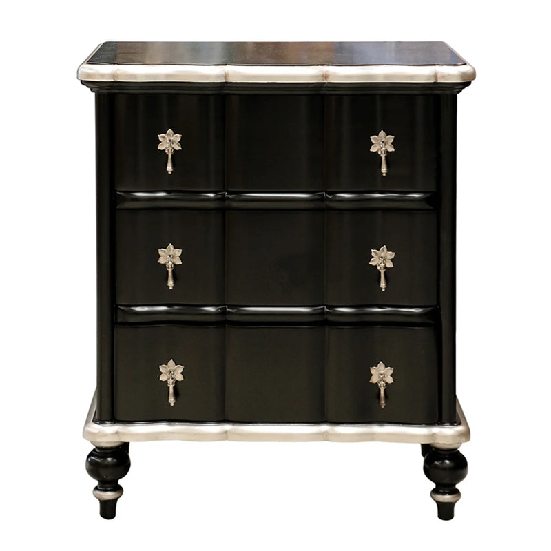 Ripple Front Mahogany Bedside in Black & Silver Leaf Detail