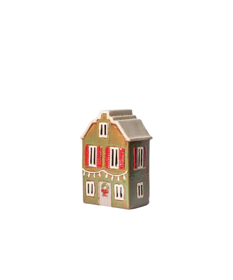 Alsace Tea Light  Christmas House with Shutters Green