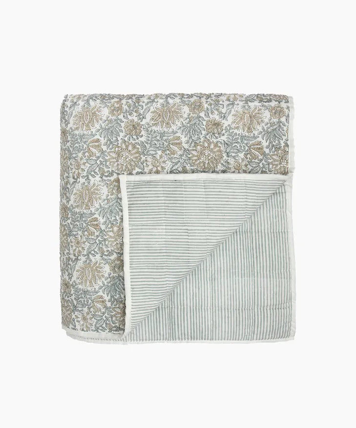 Athena Handblock Blue/Natural Coverlet Large + x2 Pillowshams