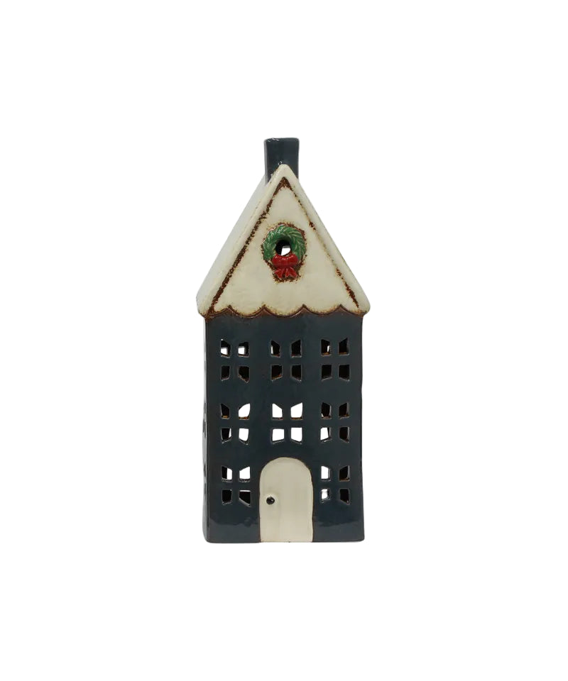 Christmas Tea Light House Blue with Wreath Large