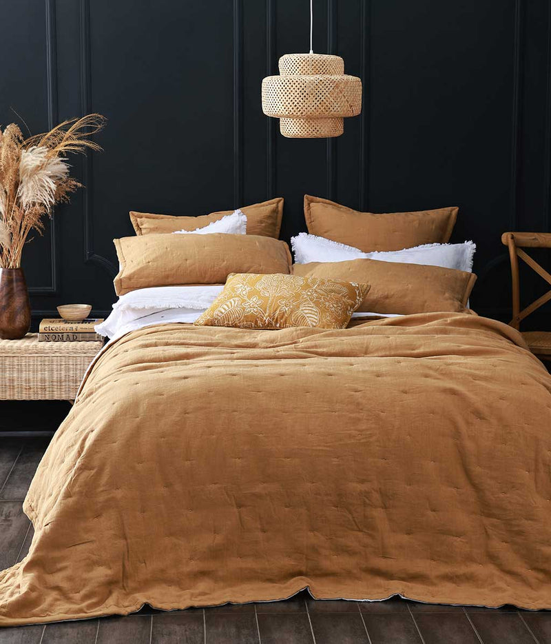 Laundered Linen Bedspread Set - Cumin
