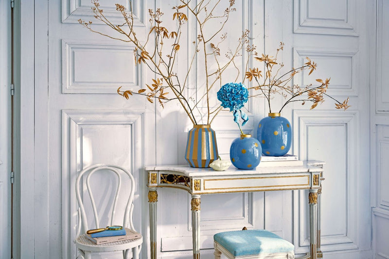 Vase Metal Stripes Light Blue/Gold 29cm