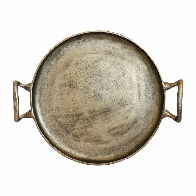 Round Tray with Handles in Antique Brass