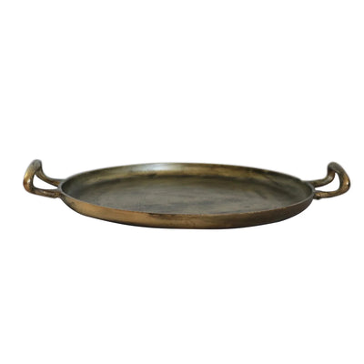 Round Tray with Handles in Antique Brass
