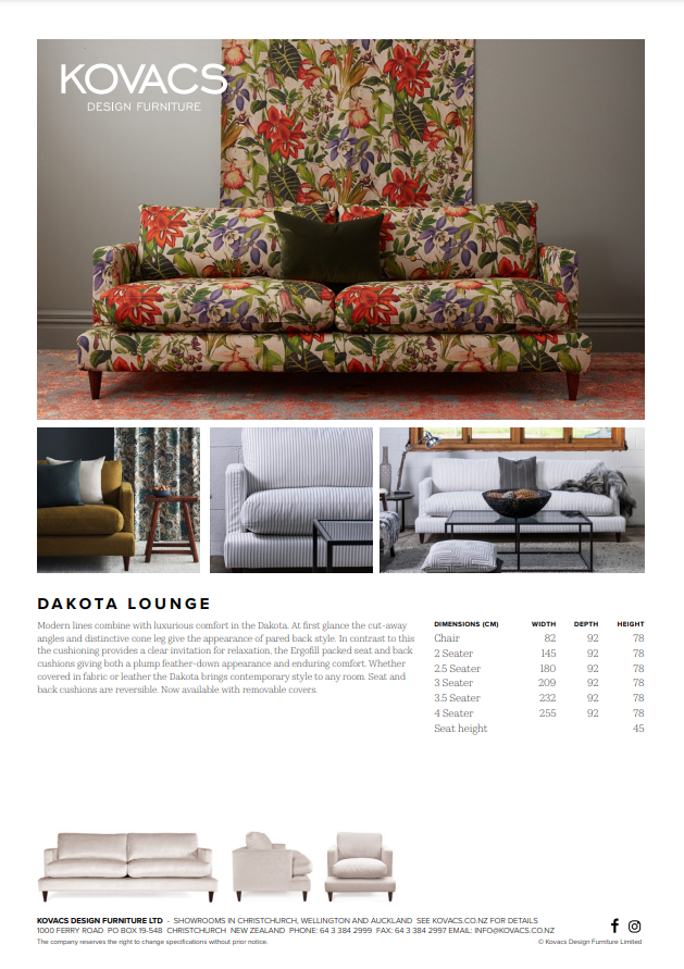 Dakota 2 Seater FRAME price  $4195 +11m fabric