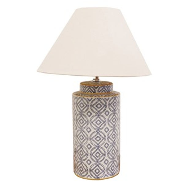 Blue and White Ceramic Cylinder Lamp and Shade